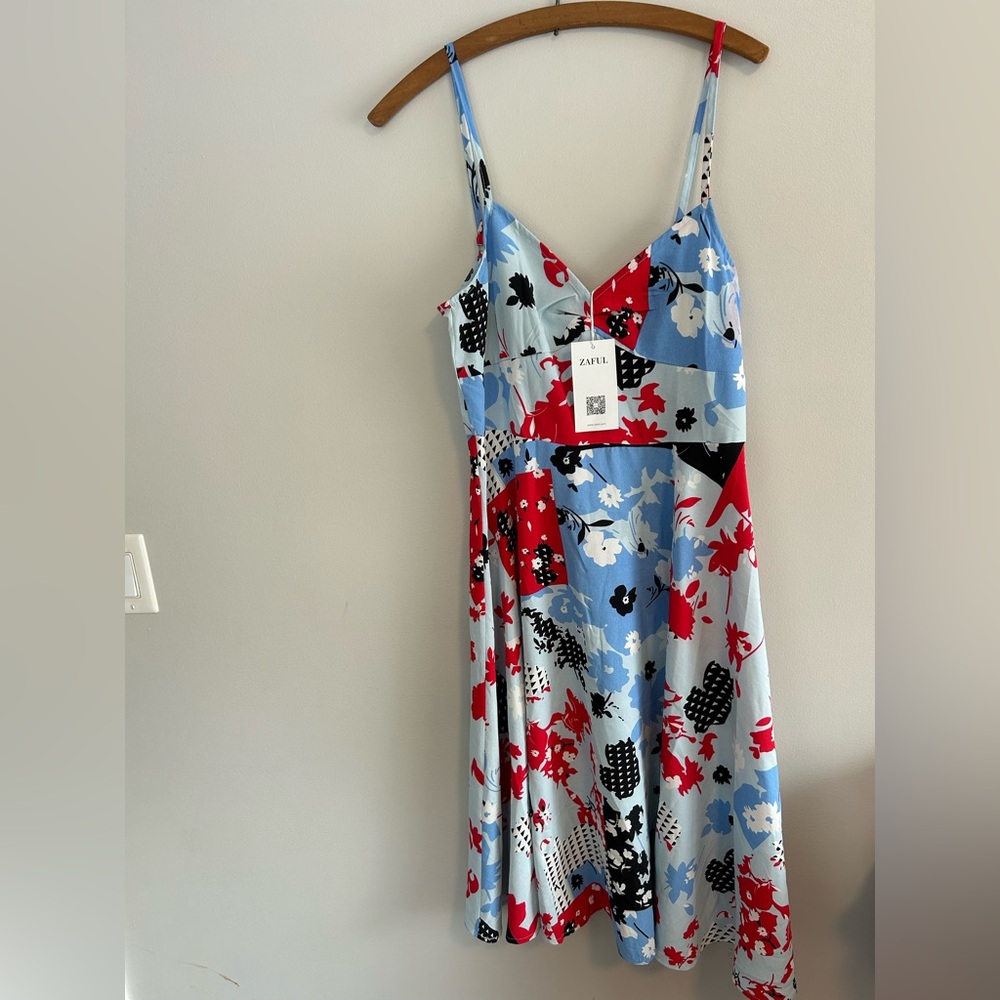 (3/$20) NEW Zaful large red & blue Floral Patchwork spaghetti strap midi Dress